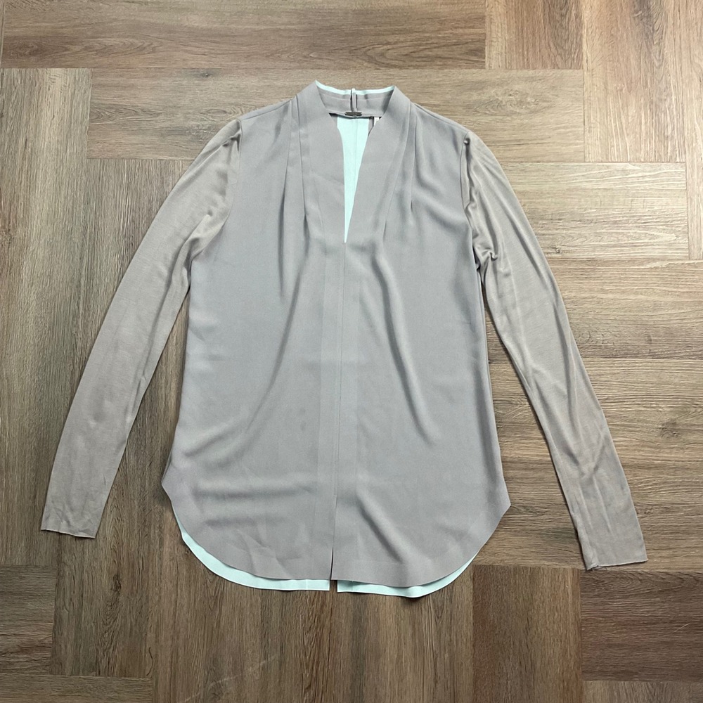 Elie Tahari Modal Jersey V Neck Blouse Womens XS Gray Mint Classy Minimalist